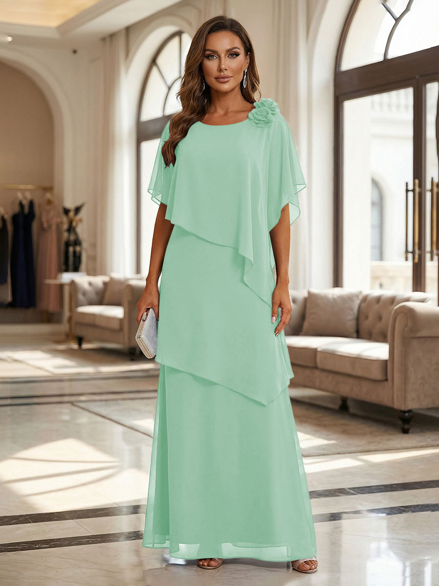 A-Line Floor-Length Chiffon Cape Sleeves Mother of the Bride & Groom Dresses with Tiered Ruffles