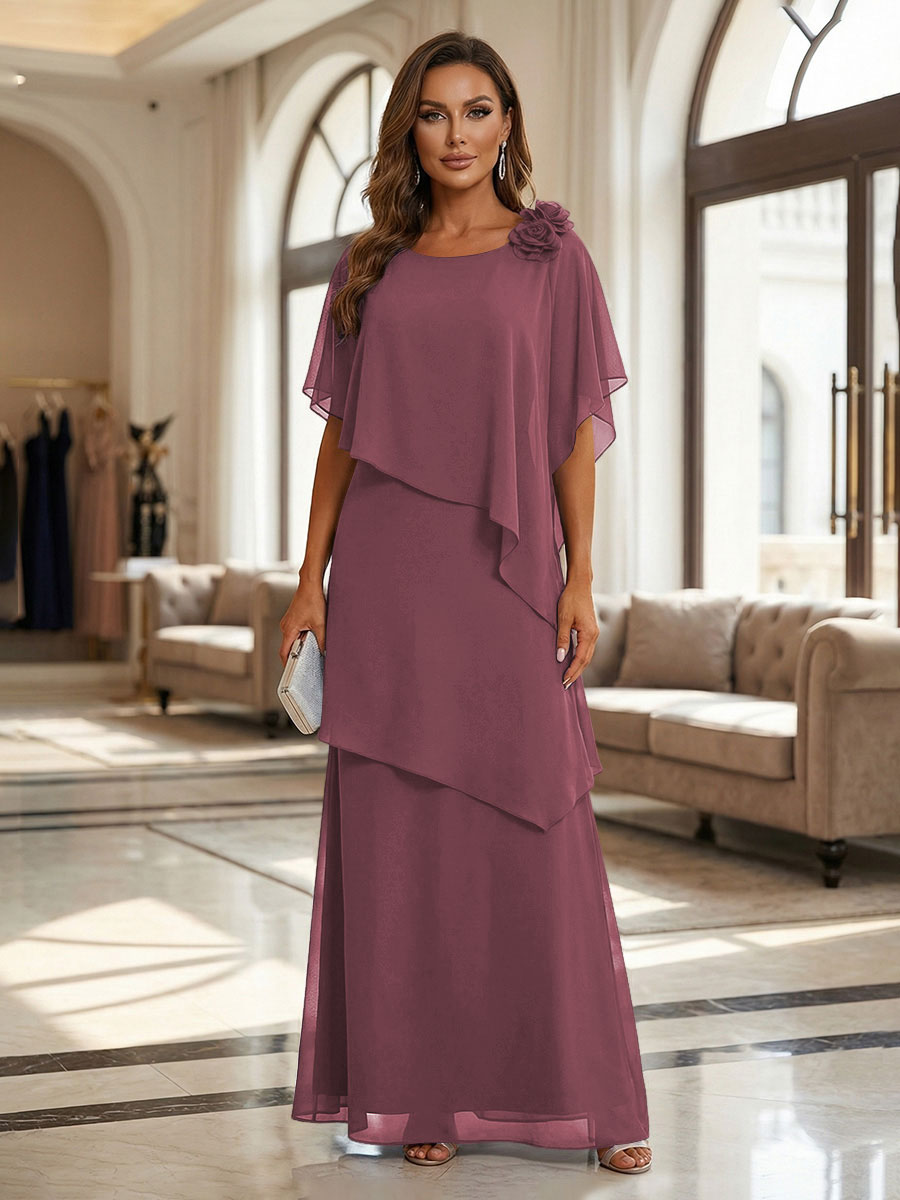 A-Line Floor-Length Chiffon Cape Sleeves Mother of the Bride & Groom Dresses with Tiered Ruffles