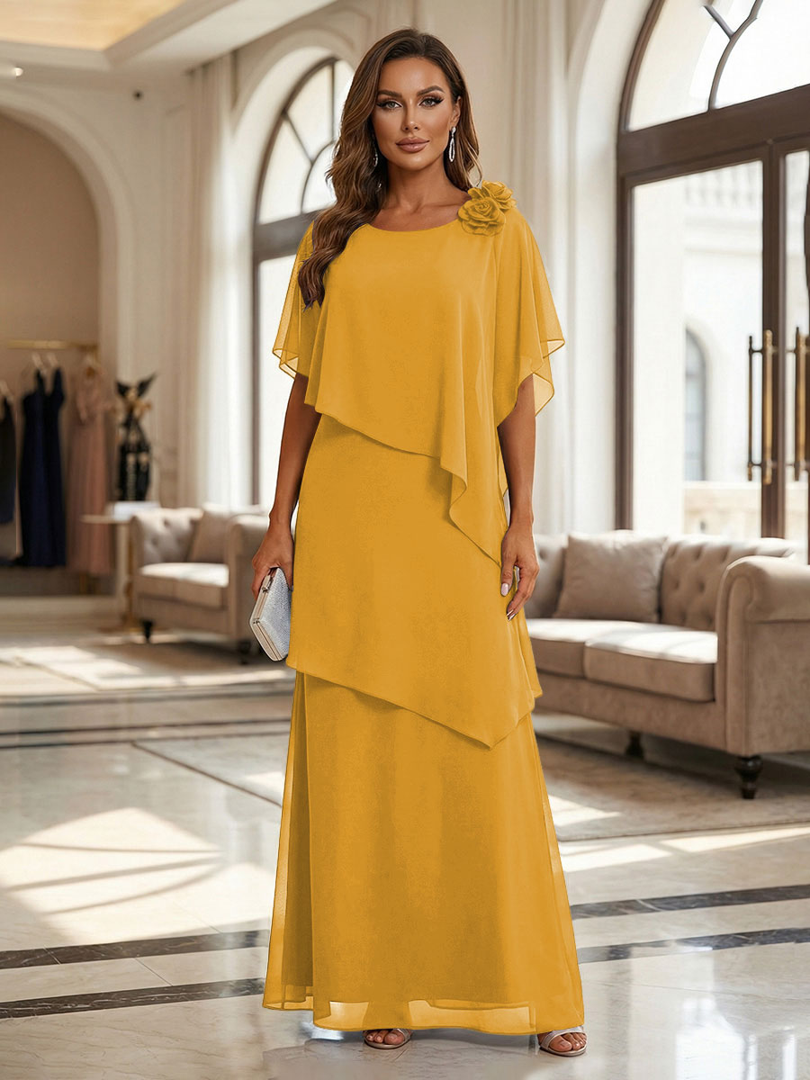 A-Line Floor-Length Chiffon Cape Sleeves Mother of the Bride & Groom Dresses with Tiered Ruffles