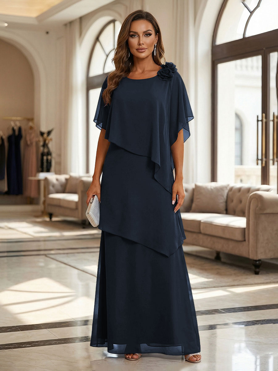 A-Line Floor-Length Chiffon Cape Sleeves Mother of the Bride & Groom Dresses with Tiered Ruffles