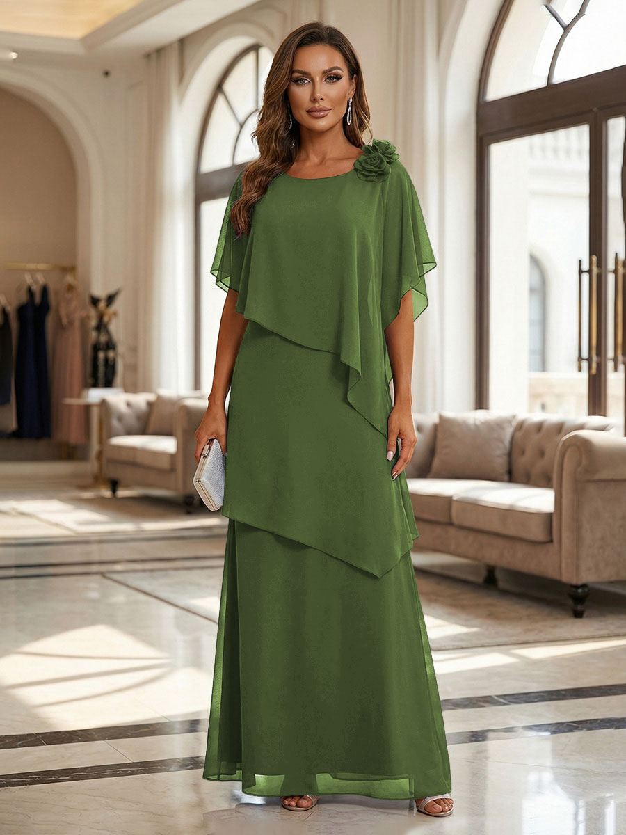 A-Line Floor-Length Chiffon Cape Sleeves Mother of the Bride & Groom Dresses with Tiered Ruffles