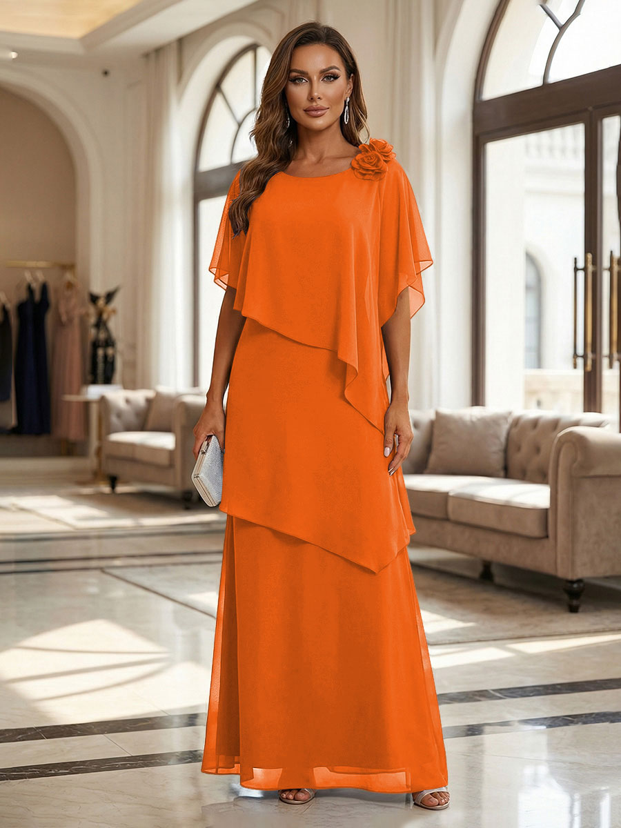 A-Line Floor-Length Chiffon Cape Sleeves Mother of the Bride & Groom Dresses with Tiered Ruffles