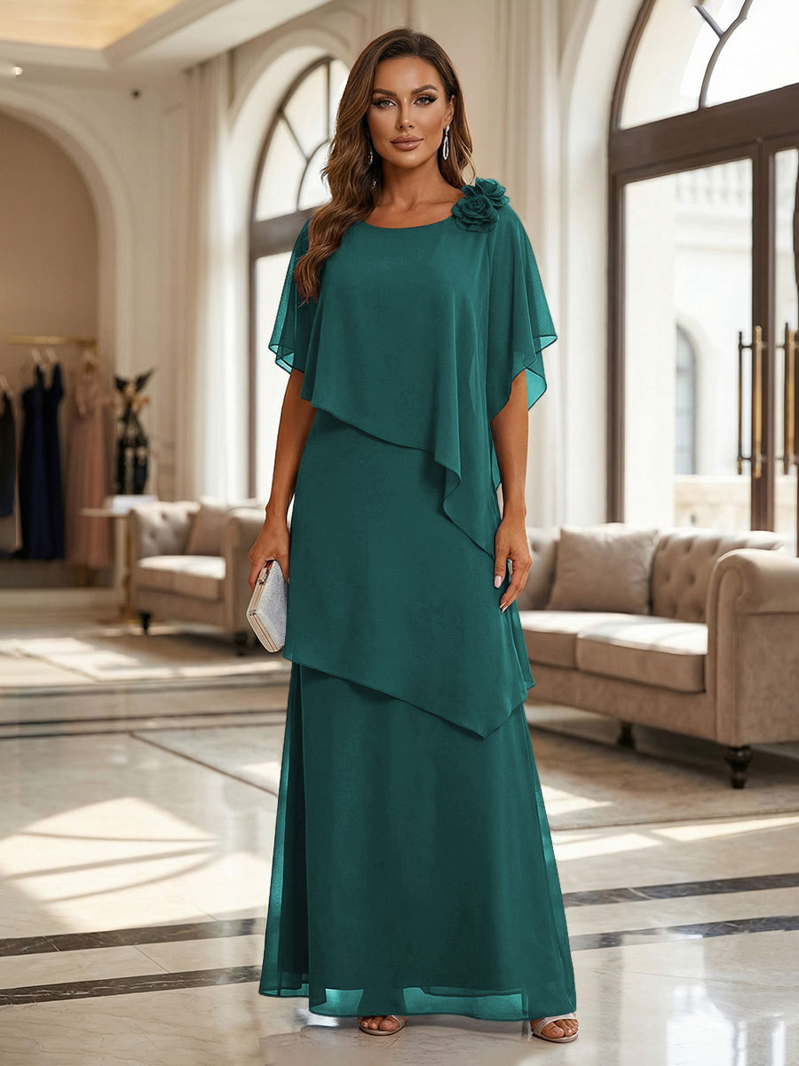A-Line Floor-Length Chiffon Cape Sleeves Mother of the Bride & Groom Dresses with Tiered Ruffles