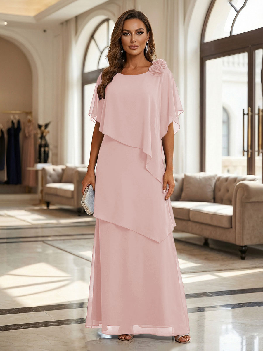 A-Line Floor-Length Chiffon Cape Sleeves Mother of the Bride & Groom Dresses with Tiered Ruffles