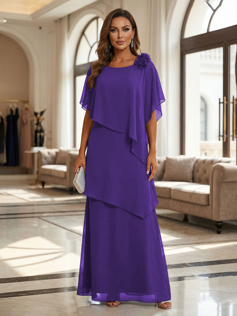 A-Line Floor-Length Chiffon Cape Sleeves Mother of the Bride & Groom Dresses with Tiered Ruffles