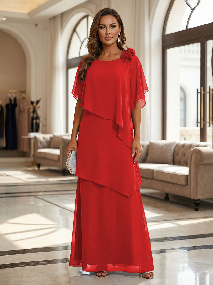 A-Line Floor-Length Chiffon Cape Sleeves Mother of the Bride & Groom Dresses with Tiered Ruffles