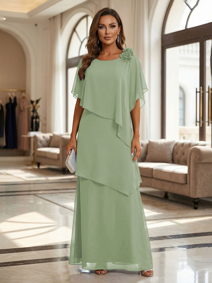 A-Line Floor-Length Chiffon Cape Sleeves Mother of the Bride & Groom Dresses with Tiered Ruffles