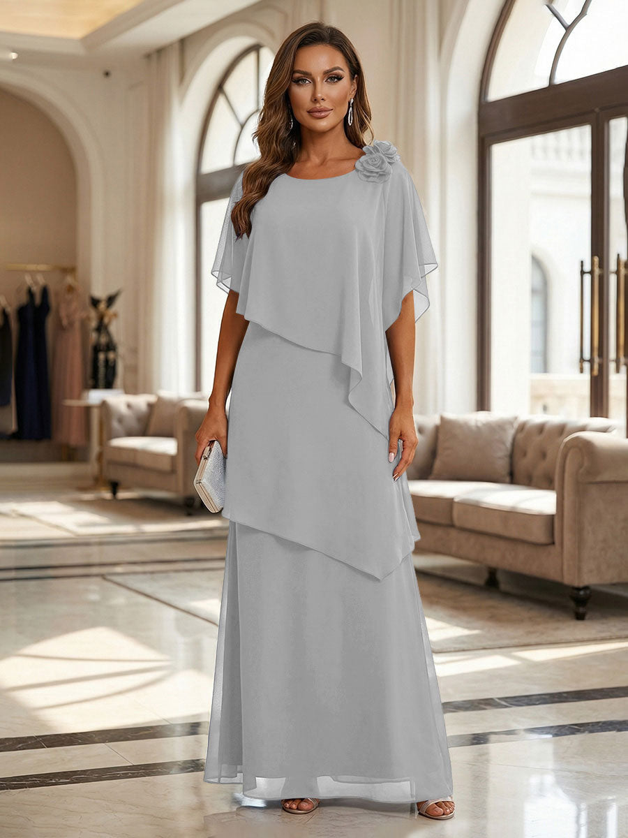 A-Line Floor-Length Chiffon Cape Sleeves Mother of the Bride & Groom Dresses with Tiered Ruffles