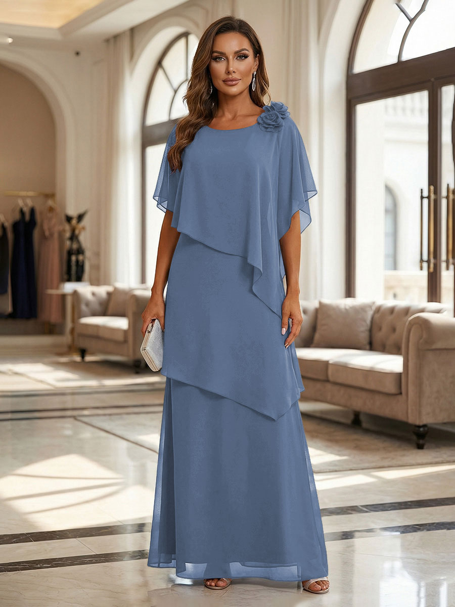 A-Line Floor-Length Chiffon Cape Sleeves Mother of the Bride & Groom Dresses with Tiered Ruffles