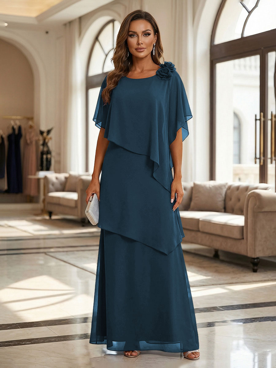 A-Line Floor-Length Chiffon Cape Sleeves Mother of the Bride & Groom Dresses with Tiered Ruffles