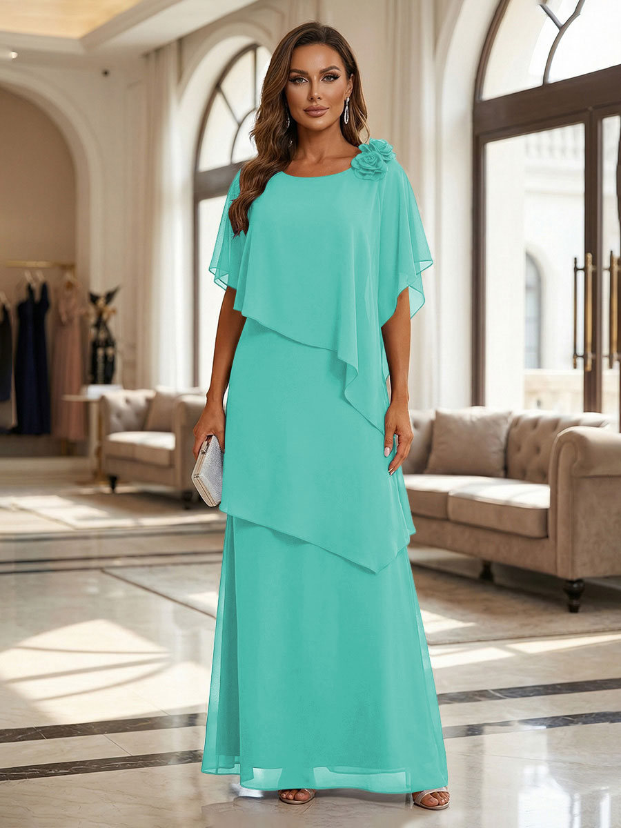A-Line Floor-Length Chiffon Cape Sleeves Mother of the Bride & Groom Dresses with Tiered Ruffles