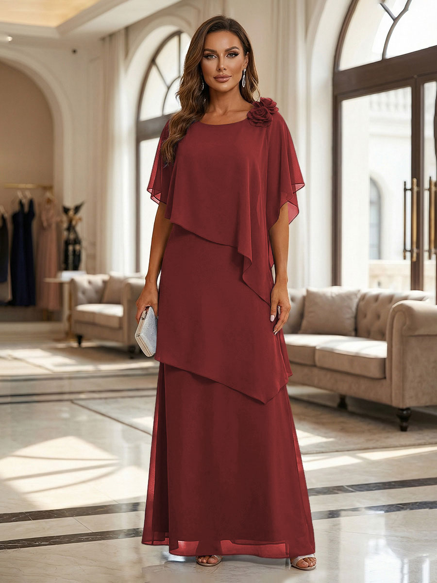 A-Line Floor-Length Chiffon Cape Sleeves Mother of the Bride & Groom Dresses with Tiered Ruffles