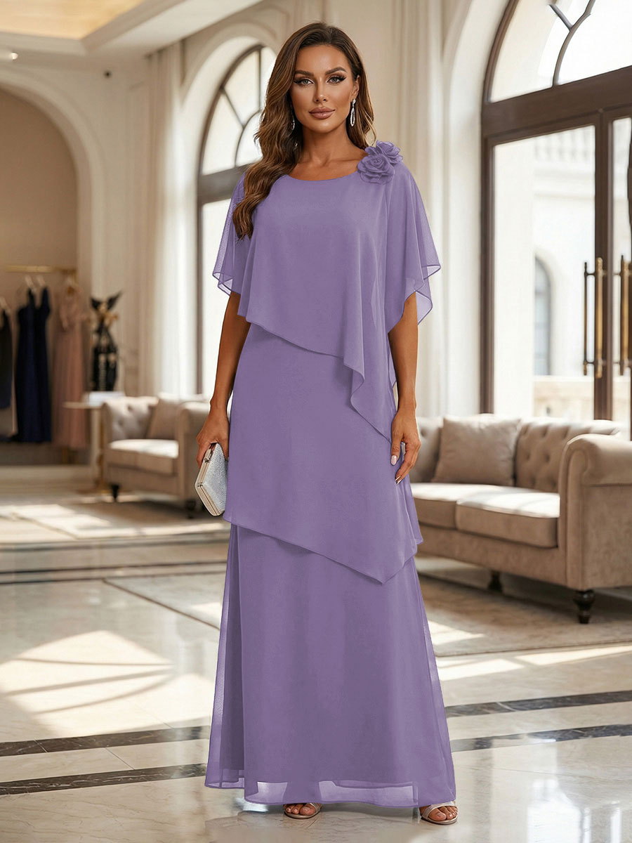 A-Line Floor-Length Chiffon Cape Sleeves Mother of the Bride & Groom Dresses with Tiered Ruffles