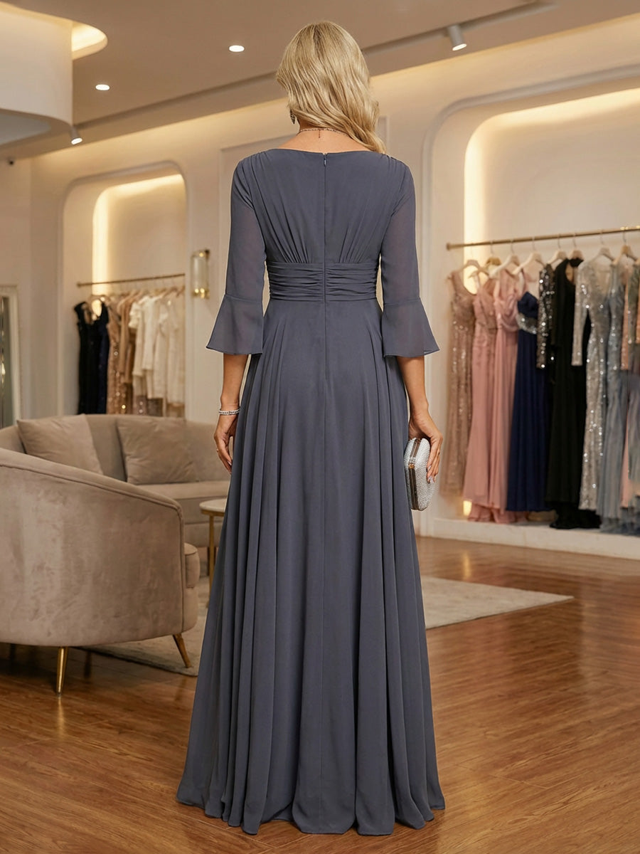 A-Line Pleated Chiffon 3/4 Sleeves Mother of the Bride & Groom Dresses with Slit