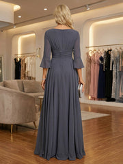 A-Line Pleated Chiffon 3/4 Sleeves Mother of the Bride & Groom Dresses with Slit