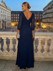 A-Line Chiffon 3/4 Sleeves Maxi Mother of the Bride & Groom Dresses with Ruched Ruffles Waist & Sequin