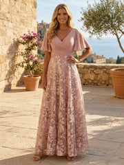 A-Line Lace Appliques Maxi Mother of the Bride & Groom Dresses with Flutter Sleeves Chiffon Bodice