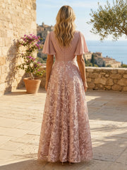 A-Line Lace Appliques Maxi Mother of the Bride & Groom Dresses with Flutter Sleeves Chiffon Bodice