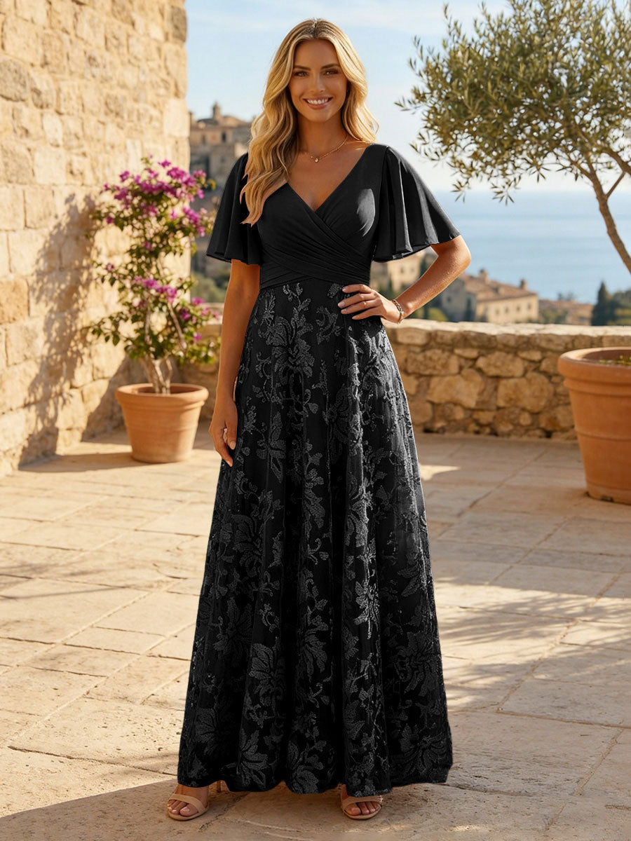 A-Line Lace Appliques Maxi Mother of the Bride & Groom Dresses with Flutter Sleeves Chiffon Bodice
