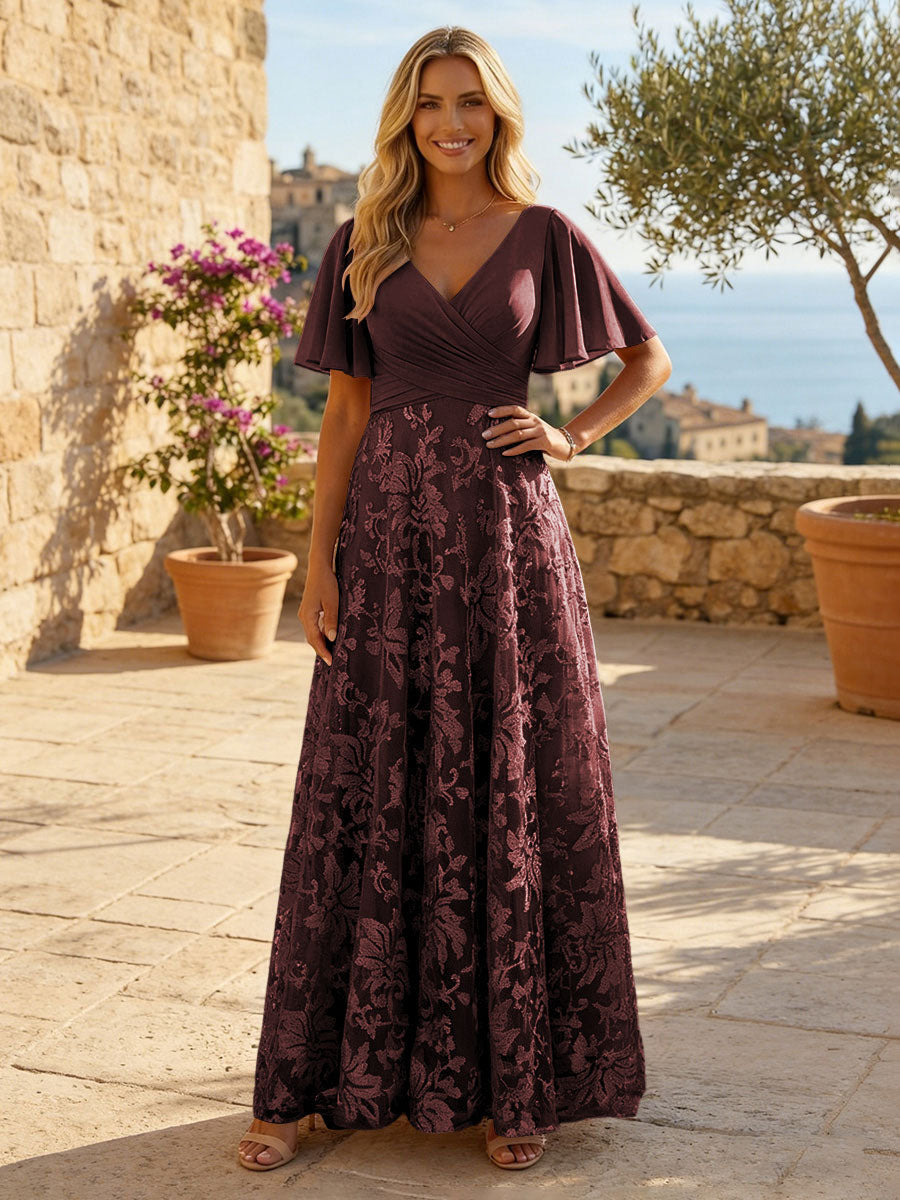 A-Line Lace Appliques Maxi Mother of the Bride & Groom Dresses with Flutter Sleeves Chiffon Bodice