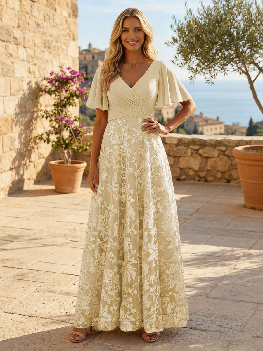 A-Line Lace Appliques Maxi Mother of the Bride & Groom Dresses with Flutter Sleeves Chiffon Bodice