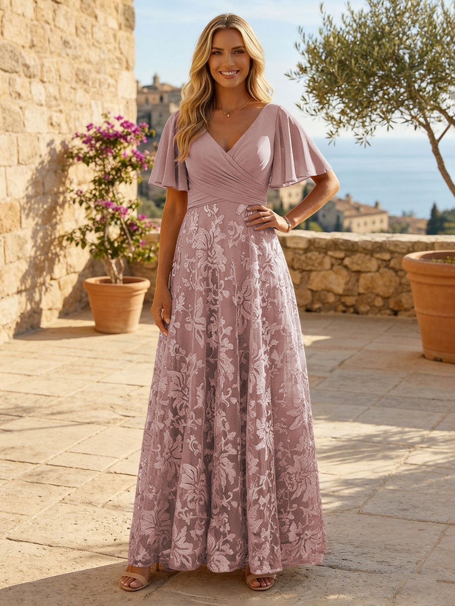 A-Line Lace Appliques Maxi Mother of the Bride & Groom Dresses with Flutter Sleeves Chiffon Bodice