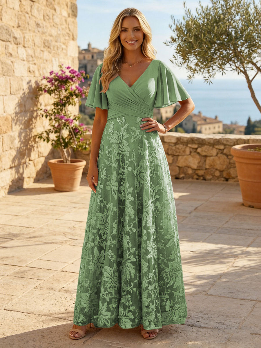 A-Line Lace Appliques Maxi Mother of the Bride & Groom Dresses with Flutter Sleeves Chiffon Bodice
