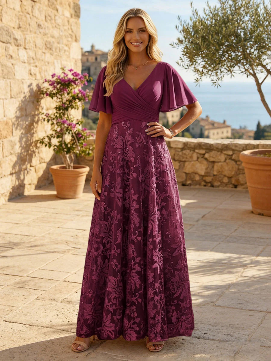 A-Line Lace Appliques Maxi Mother of the Bride & Groom Dresses with Flutter Sleeves Chiffon Bodice