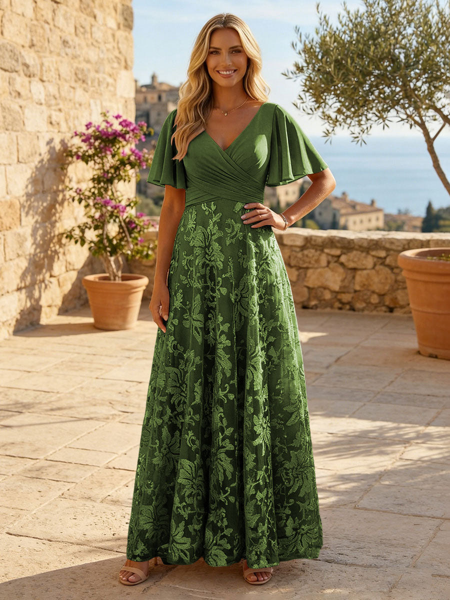 A-Line Lace Appliques Maxi Mother of the Bride & Groom Dresses with Flutter Sleeves Chiffon Bodice