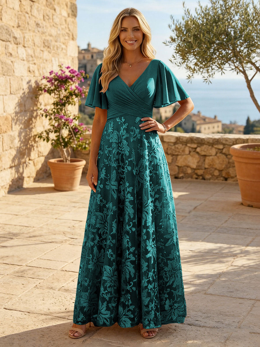 A-Line Lace Appliques Maxi Mother of the Bride & Groom Dresses with Flutter Sleeves Chiffon Bodice