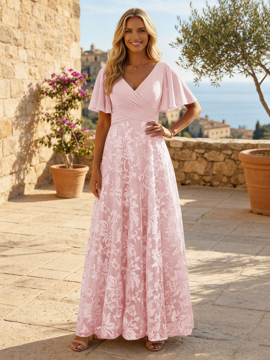 A-Line Lace Appliques Maxi Mother of the Bride & Groom Dresses with Flutter Sleeves Chiffon Bodice