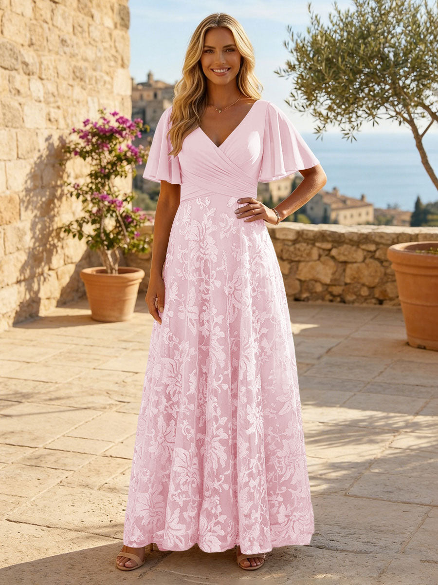 A-Line Lace Appliques Maxi Mother of the Bride & Groom Dresses with Flutter Sleeves Chiffon Bodice
