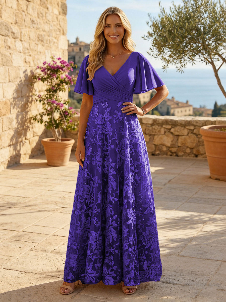 A-Line Lace Appliques Maxi Mother of the Bride & Groom Dresses with Flutter Sleeves Chiffon Bodice