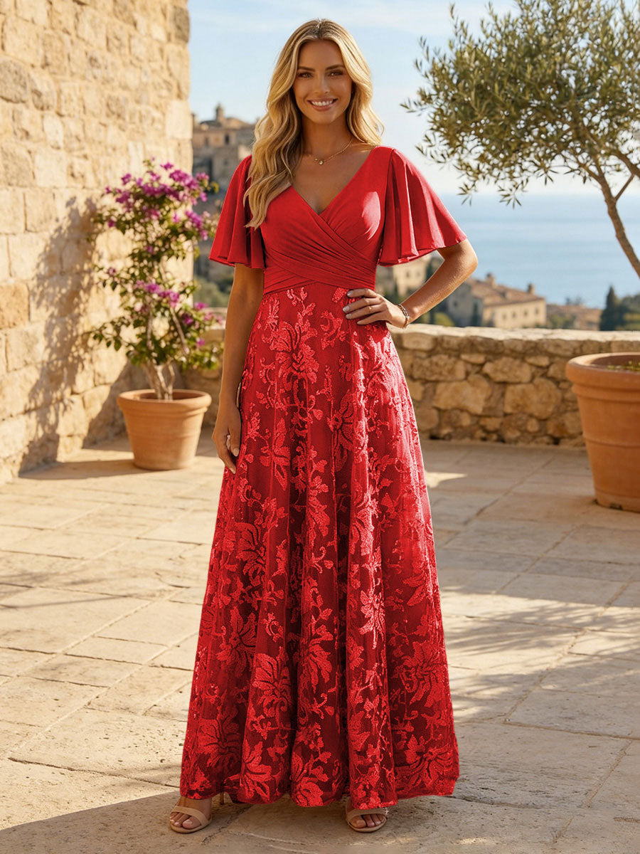 A-Line Lace Appliques Maxi Mother of the Bride & Groom Dresses with Flutter Sleeves Chiffon Bodice