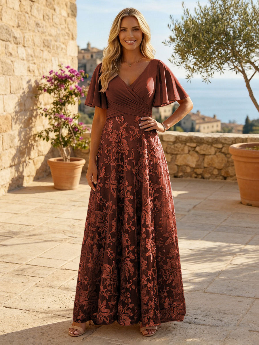 A-Line Lace Appliques Maxi Mother of the Bride & Groom Dresses with Flutter Sleeves Chiffon Bodice