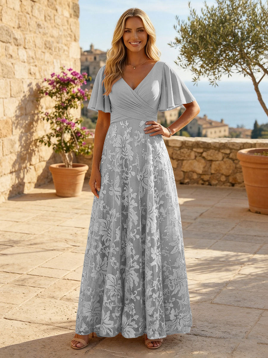 A-Line Lace Appliques Maxi Mother of the Bride & Groom Dresses with Flutter Sleeves Chiffon Bodice