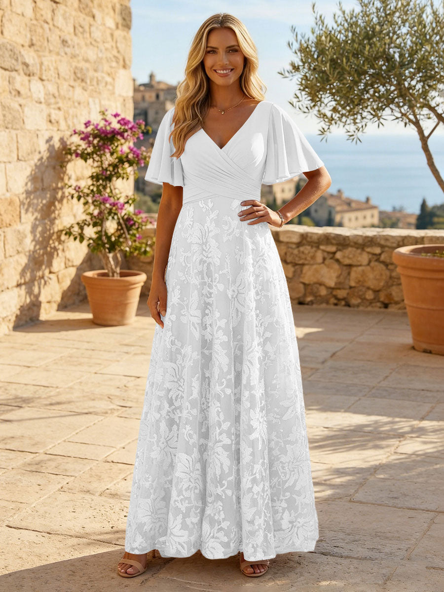 A-Line Lace Appliques Maxi Mother of the Bride & Groom Dresses with Flutter Sleeves Chiffon Bodice