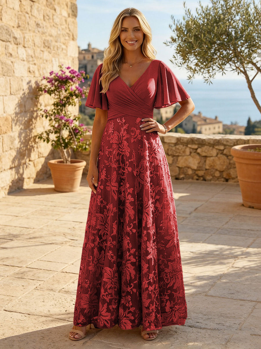 A-Line Lace Appliques Maxi Mother of the Bride & Groom Dresses with Flutter Sleeves Chiffon Bodice
