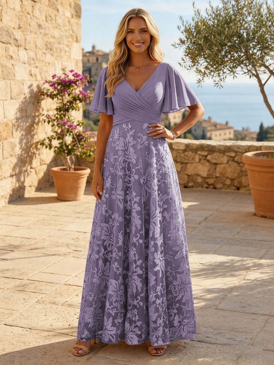 A-Line Lace Appliques Maxi Mother of the Bride & Groom Dresses with Flutter Sleeves Chiffon Bodice