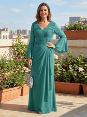 A-Line Chiffon Ruched Maxi Long Flared Sleeves Mother of the Bride & Groom Dresses