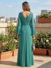 A-Line Chiffon Ruched Maxi Long Flared Sleeves Mother of the Bride & Groom Dresses