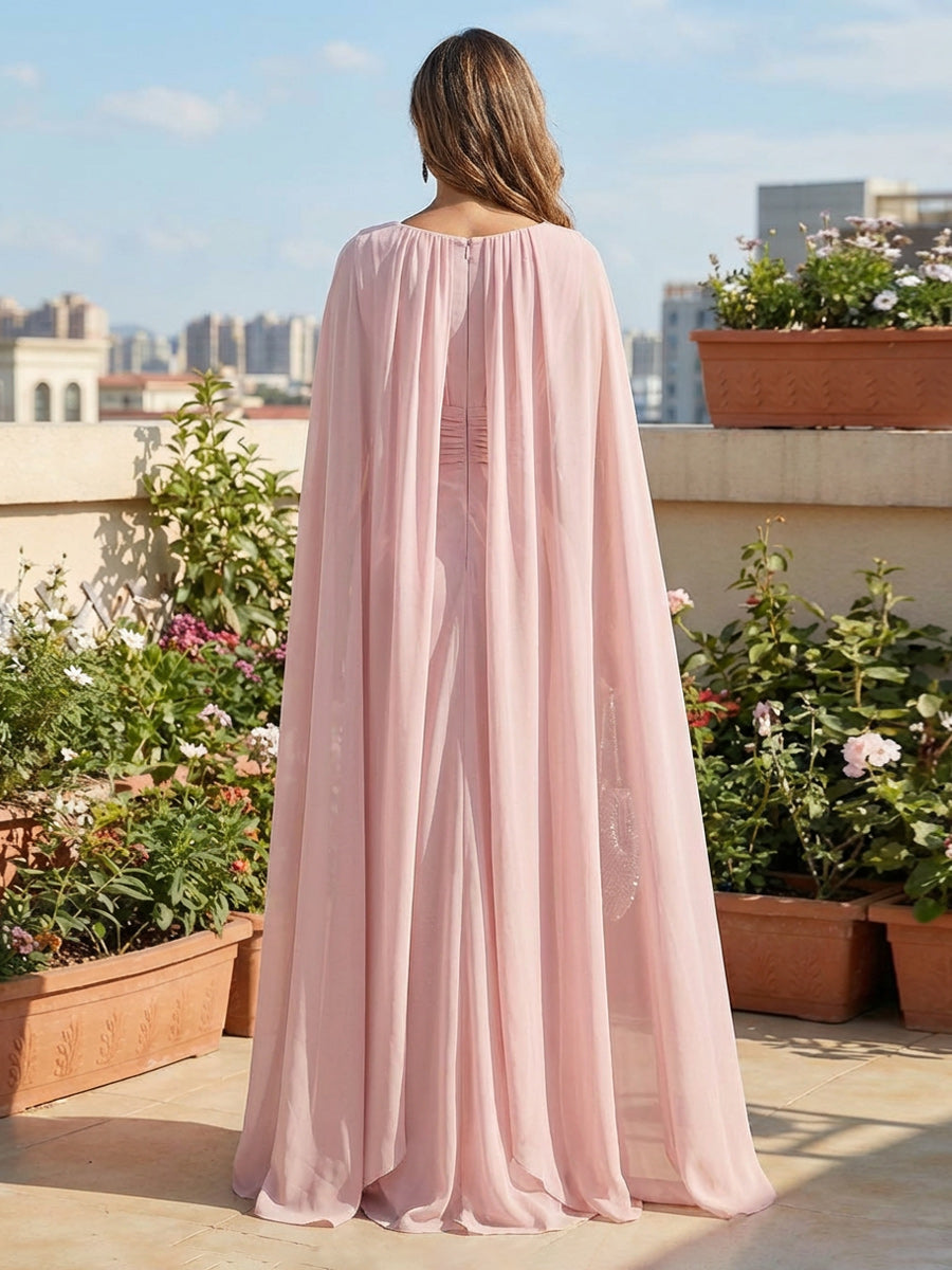 A-Line Ruched Chiffon Maxi Mother of the Bride & Groom Dresses with Cape