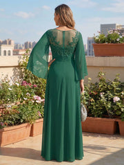 A-Line Lightweight Chiffon Cape Sleeves Maxi Mother of the Bride & Groom Dresses with Sequin Lace Appliques