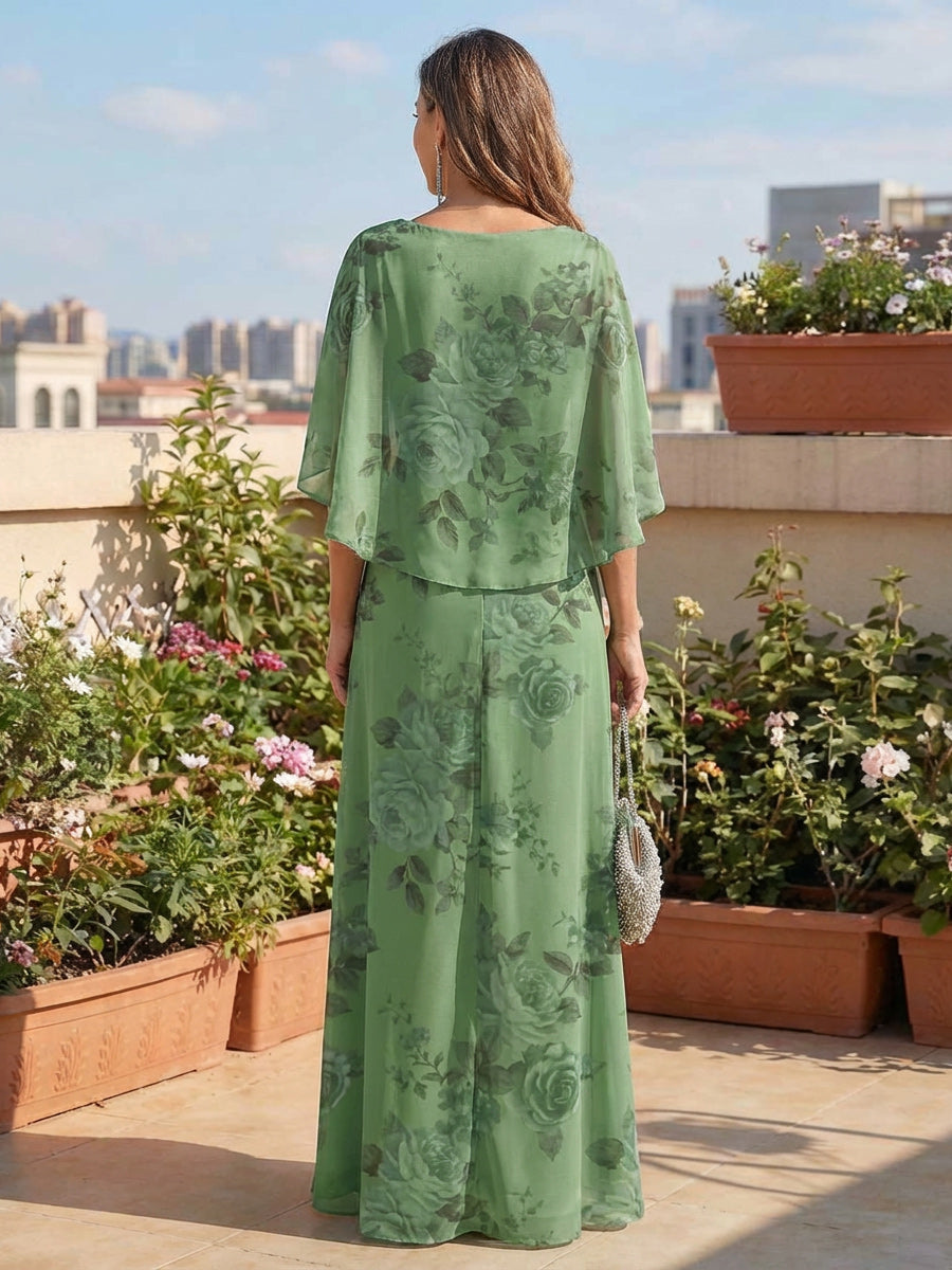 A-Line Chiffon Floral Print Cape Sleeves Maxi Mother of the Bride & Groom Dresses with Ruffles