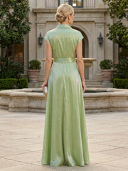 A-Line Shimmer Satin Shirt Collar Floor-Length Mother of the Bride & Groom Dresses with Belt