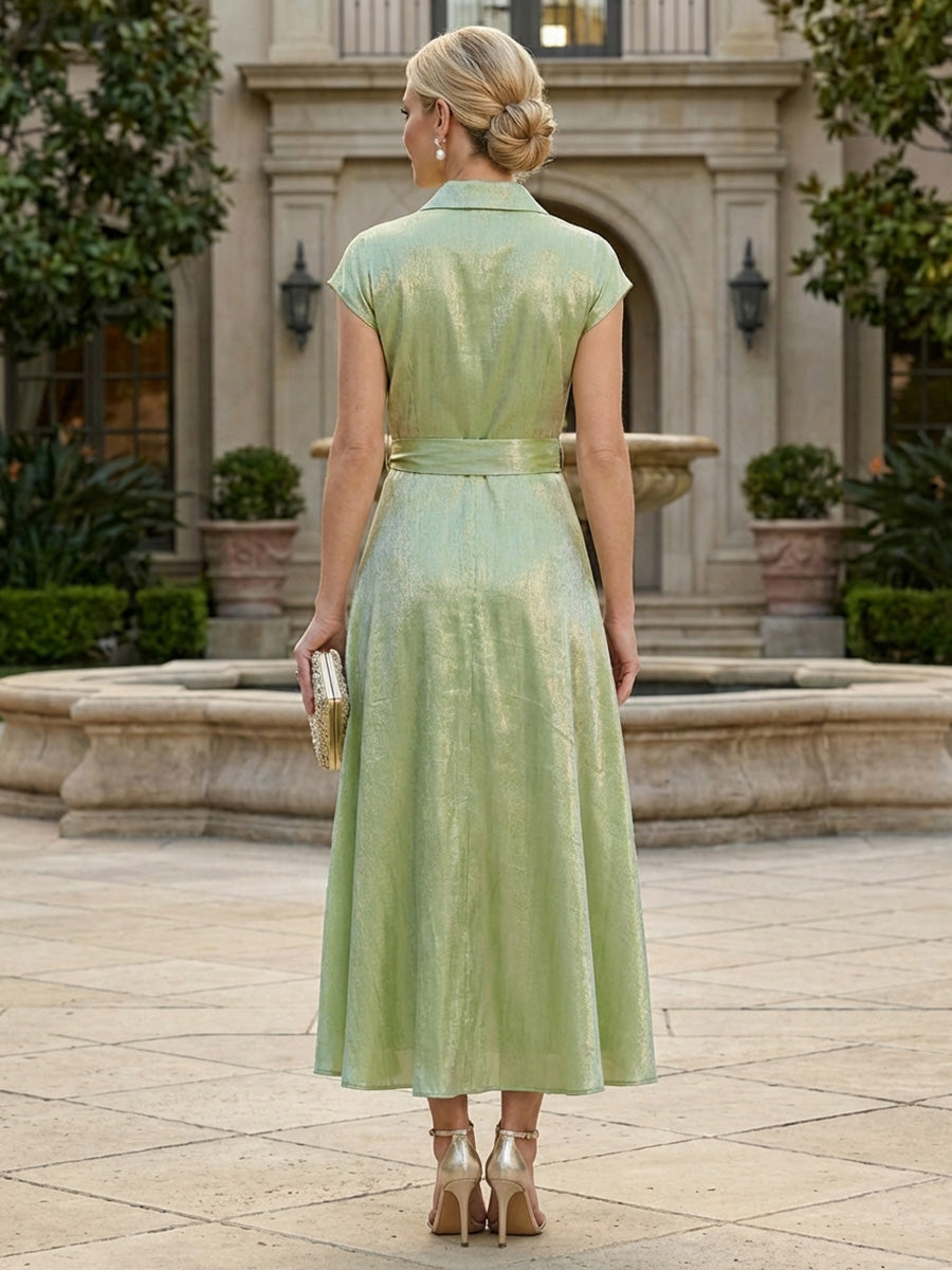 A-Line Shimmer Satin Shirt Collar Midi-Length Mother of the Bride & Groom Dresses with Belt