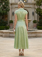 A-Line Shimmer Satin Shirt Collar Midi-Length Mother of the Bride & Groom Dresses with Belt