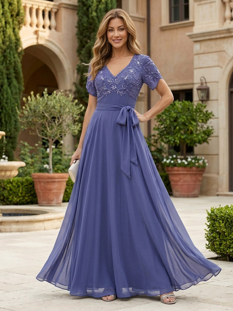 A-Line Pleated Chiffon Floor-Length Mother of the Bride & Groom Dresses with Sequin Embroidered & Belt