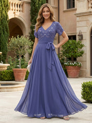 A-Line Pleated Chiffon Floor-Length Mother of the Bride & Groom Dresses with Sequin Embroidered & Belt