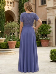 A-Line Pleated Chiffon Floor-Length Mother of the Bride & Groom Dresses with Sequin Embroidered & Belt